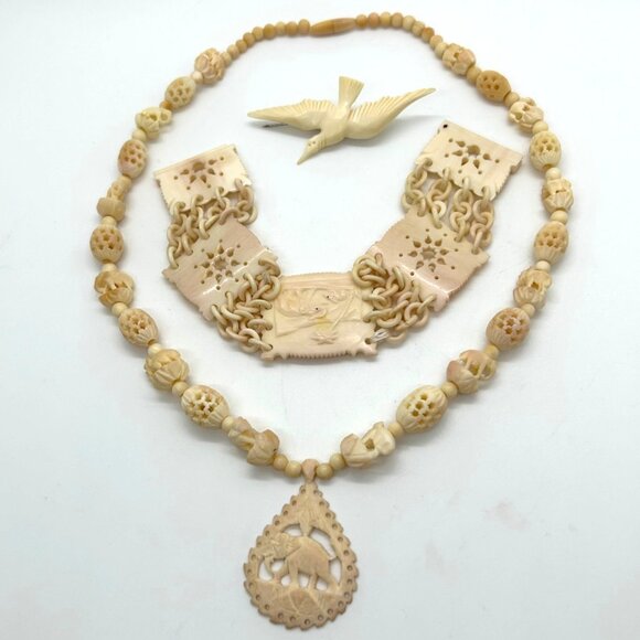 Estate Jewelry - Good Luck Elephant Necklace Bracelet and Bird Brooch Parkesine Plastic MCM